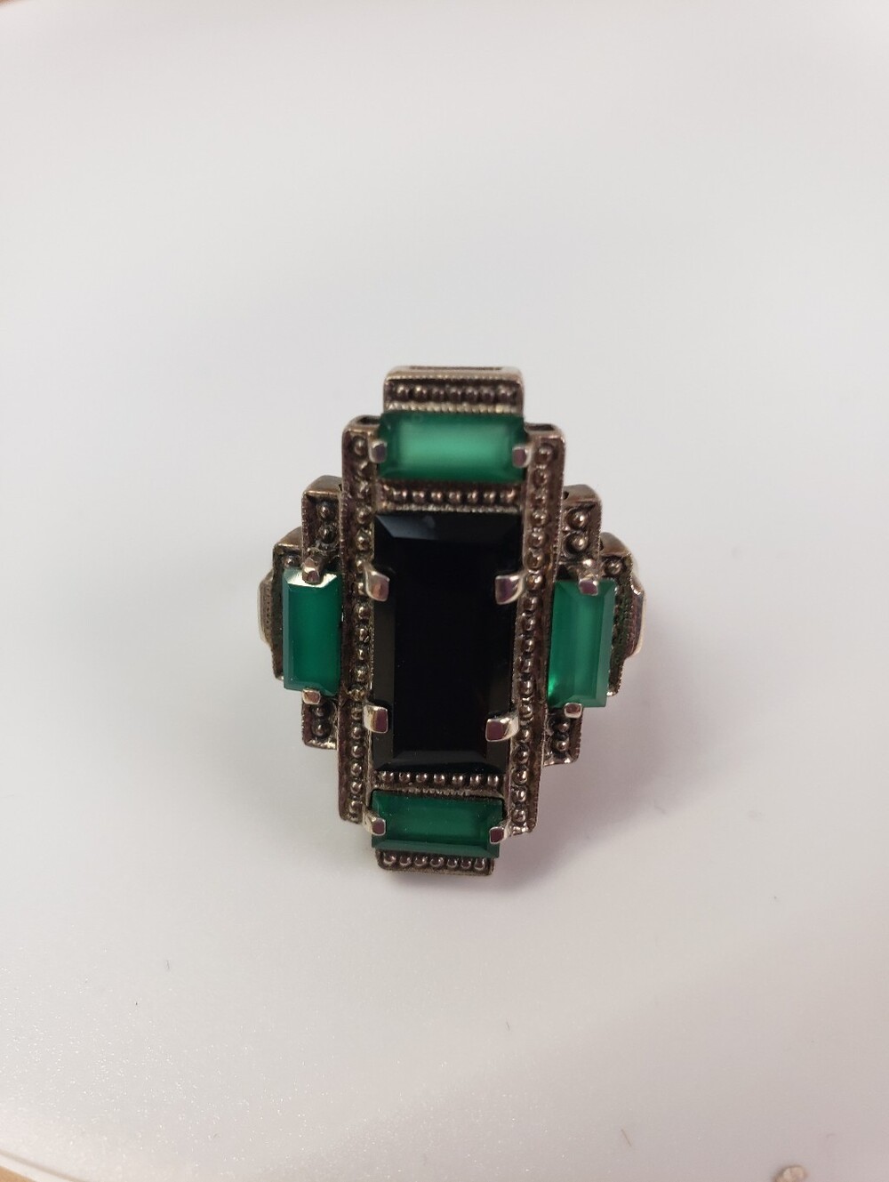 Nicky Butler Sterling Silver Art Deco Style Ring Onyx Green Chalcedony Size 10.5